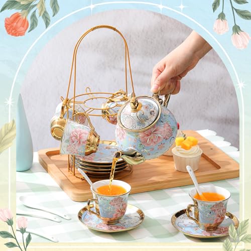 Zhehao 20 Pcs Porcelain Tea Set with Metal Holder and Spoon Adult Ceramic Tea Set European Flower Painting Teapot Cup Saucer Spoon for Women Mom Gift, Large Version (Vivid Style) - color: Vivid Style