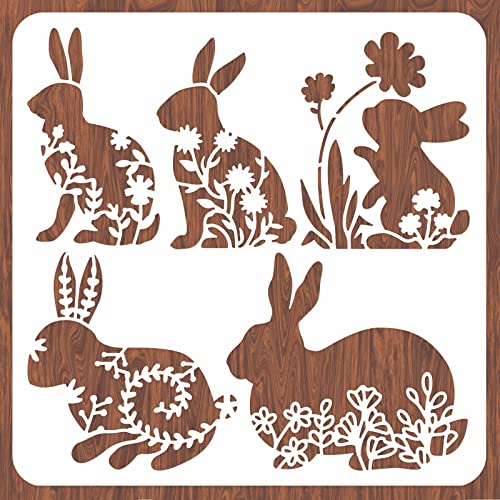 INFUNLY Easter Rabbit Stencil for Painting 11.8x11.8 Happy Spring Flower Wall Stencils Washable Plastic Bunny Rabbit Drawing Stencils Painting Templates on Wood for Wall Art DIY Home Decor - color: Easter Rabbit Stencil
