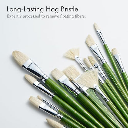 ARTIFY 15-Piece Professional Oil Paint Brush Set - Natural Hog Bristle, No-Shedding, Handcrafted by Masters for Oil/Acrylic/Gouache/Watercolor Painting (Includes Carrying Case) - color: Wood Green