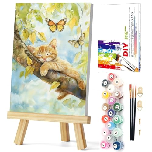 Gemozaic Cat Paint by Numbers Kit for Adults with Frame and Easel, Sleeping Cat Framed Adults' Paint by Number Kits, Animal Oil Acrylic Painting for Home, Office, Wall Decor, 8 x 12 Inch - color: BKH2154