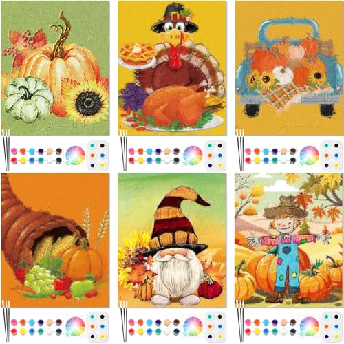 6 Pack Pre Drawn Canvas for Painting Pre Printed Canvas Kit 8 x 10 Inch Stretched Cotton Paint and Sip Set for Adults Couple Party Graduation Summer Date Night(Thanksgiving) - style: Thanksgiving