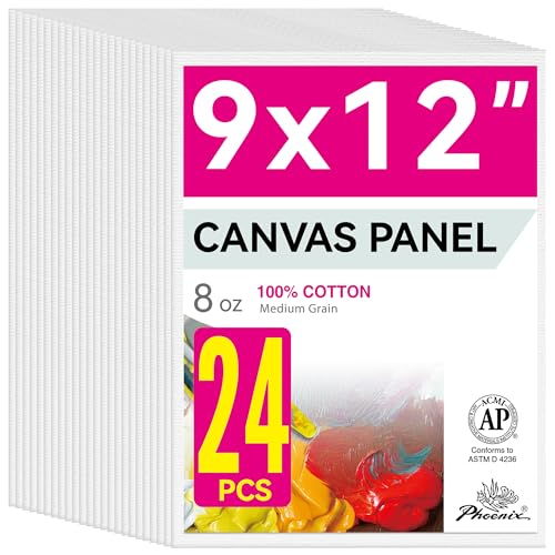 PHOENIX Painting Canvas Panels 9x12 Inch, 24 Bulk Pack - 8 Oz Triple Primed 100% Cotton Acid Free Canvas Boards for Painting, White Blank Flat Canvas Boards for Acrylic, Oil Paints - color: White - Bulk Pack, size: 9" x 12"