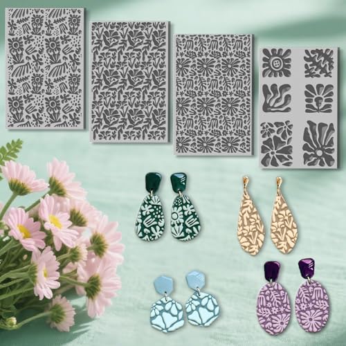 4 Sheets Matisse Pattern Clay Texture Mat Bohemian Floral Polymer Clay Texture Sheets DIY Tools for Pottery Earring Jewelry Making Stamp Engraving Machines, 3.9x2.6inch - style: Matisse Pattern