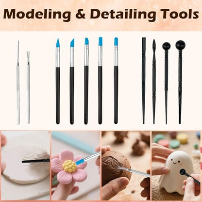 ROLYTA 41PCS Clay Sculpting Tools Kit, Pottery Tools with Organizer Storage Bag, Wooden, Stainless Steel Plastic Clay Tools, Sculpting Tool for DIY Handcraft, Modeling, Ceramic Carving