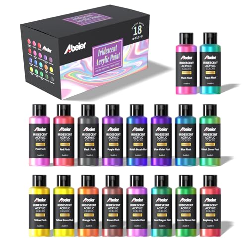 ABEIER Iridescent Acrylic Paint, Set of 18 Chameleon Colors, 2 oz/60ml Bottles, Color-shifting, Non-Toxic, High Viscosity, Blendable, Paints on Rocks Crafts Canvas Wood, Fabric, Ceramic & Stone - color: 18 Colors