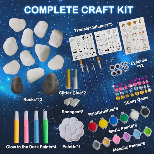 KIDS KING Glow in Dark Rock Painting Kit, Art Craft Kit for Kids Age 6-12 | Rock Painting Kit (Glow in the Dark) Art & Craft Toys Spark Creativity Tool Drawing Party Activity Fovors