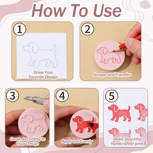 18 Pcs Rubber Stamp Carving Blocks Linoleum Blocks 4"x6" and 2"x2" Round Square Rectangle Block Carving Kit for Stamp Crafts DIY Project(Pink)
