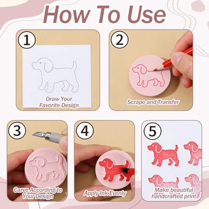 18 Pcs Rubber Stamp Carving Blocks Linoleum Blocks 4"x6" and 2"x2" Round Square Rectangle Block Carving Kit for Stamp Crafts DIY Project(Pink)