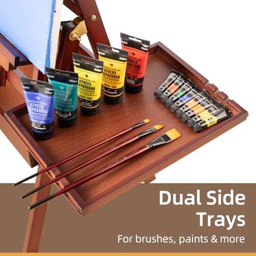 Large Horizontal Wooden H-Frame Studio Easel with Storage Drawer and Palettes, Solid Beechwood Painting Easel for Students, Beginners, and Artists, Hold Canvas to 50Inches High,Walnut - style: Horizontal Walnut