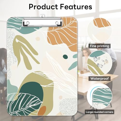 Plastic Cute Clipboard Low-Profile Metal Clip, A4 Letter Size 9 x 12.5 in, 8.5 x 11 Paper Clip Board for Teachers, Nurses, Classroom,Boho Leaves - color: Boho Leaves