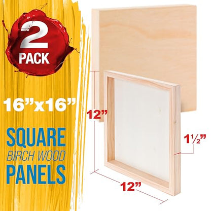 U.S. Art Supply 16" x 16" Unfinished Cradled Wood Panels for Painting, Gallery 1-1/2" Deep (2 Pack) - Artist Depth Wooden Wall Canvases - Mixed-Media Craft, Acrylic, Oil, Encaustic, Paint Pouring - size: 16" x 16", style: Square