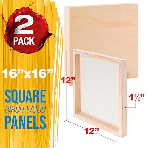 U.S. Art Supply 16" x 16" Unfinished Cradled Wood Panels for Painting, Gallery 1-1/2" Deep (2 Pack) - Artist Depth Wooden Wall Canvases - Mixed-Media Craft, Acrylic, Oil, Encaustic, Paint Pouring - size: 16" x 16", style: Square