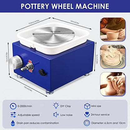 Mini Pottery Wheel Machine for Adults & Beginners, 2 Turntables (3.94" & 2.56") | 0-2000 RPM Adjustable Speed Pottery Machine Removable Splash Tray Ceramic Making Kit Includes 8 Sculpting Tools - color: Blue