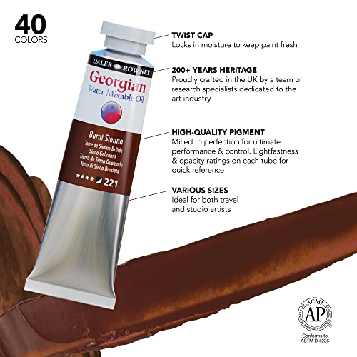 Daler-Rowney Georgian Water Mixable Oil Paint Burnt Sienna 37ml Tube - Art Paints for Canvas Paper and More - Oil Painting Supplies for Artists and Students - Artist Oil Paint for Any Skill Set