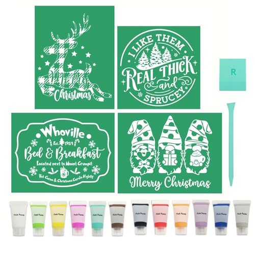 18PCS Christmas Silk Screen Stencils,Christmas Chalk Paste and Transfers Stencil Winter Self Adhesive Stencils Reusable for Painting on Wood,Fabric,Home Decor,Chalk Paste Paint Mini Squeegees Set - color: 18 PCS chak paste starter kit