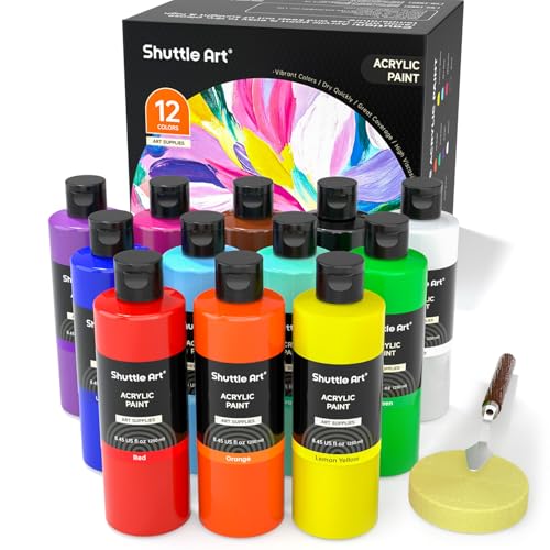 Shuttle Art 12 Colors Acrylic Paint, 250ml/8.45oz Bottles Acrylic Paint Set, Rich Pigments, Bulk Painting Supplies for Artists, Beginners and Kids Painting on Rocks Crafts Canvas Wood - color: 12 Colors, size: 8.45 Fl Oz (Pack of 12)