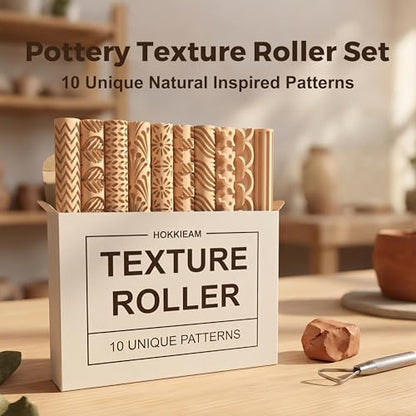 Hokkieam Clay Texture Rollers | 10-Pack Polymer Clay Texture Roller Set for Pottery & Crafting
