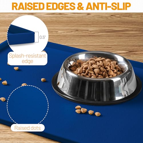 Hubulk Dog Feeding Mat,100% Waterproof BPA Free Silicone Pet Food and Water Bowl Placemat,Dishwasher, High Raised Edge to Prevent Spills,Nonslip Tray to Stop Messes on Floor (24"x16"x0.5", Navy) - color: Navy, size: 24"l X 16"w