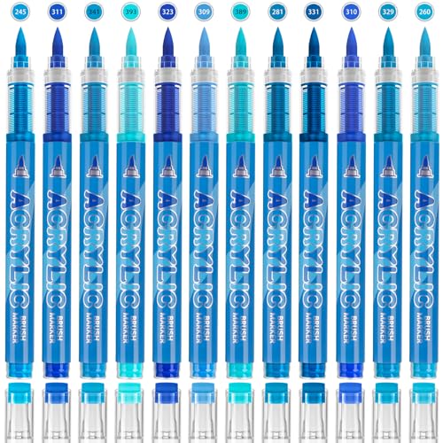 12 Colors Acrylic Paint Pens - Blue Paint Pens Markers, Brush Tip & Direct Ink Flow Suitable for Stone,Paper,Wood,Glass,Fabric Paint,DIY Crafts (Blue) - color: Blue