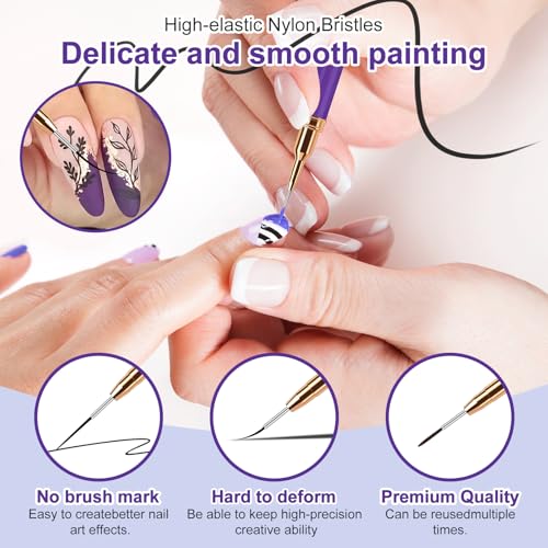 MUIIGOOD Nail Art Liner Brushes, 5Pcs Liner Brush For Nails, Painting Nail Art Brush Set Dotting Drawing Tool for Long Lines, Thin Details, UV Gel Polish Painting, Fine Drawing 7/9/11/15/25mm(Purple) - color: Purple