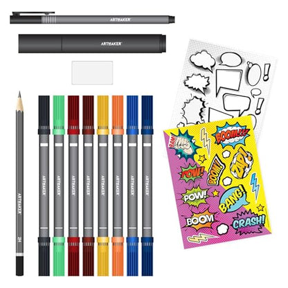 Art Maker: How to Draw - Comic Art - Complete Starter Kit, Studio Set, Instruction Book, Sketchbook, Dual-Tip Markers, Stickers & Drawing Tools, Adult