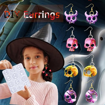 82 PCS Halloween Skull Earring Molds Kits with Holes, 12 Pairs Silicone Resin Molds with 40 Earring Hooks Epoxy for Halloween Decorations Pendants Keychains