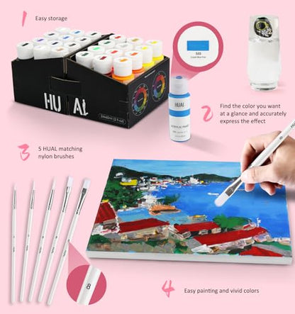HUAL Acrylic Paint Set With 5 Brushes, 24 Colors (60ml, 2oz) for Artists Kids Beginners & Painters,Model/Canvas/Rock/Fabric/Glass/Stone/Ceramic/Wood Painting, Non Toxic - color: White Bottle (Clean Look)