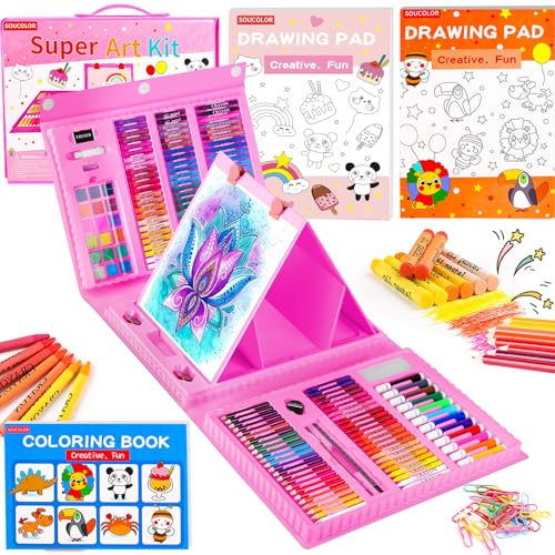 Soucolor Art Supplies, 283 Pieces Drawing Set Art Kits with Trifold Art Easel, 2 Drawing Pads, 1 Coloring Book, Crayons, Pastels, Arts Gifts Case, Coloring Set - color: Pink