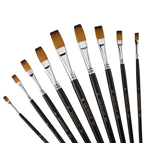 9 Pcs Flat Long Handle Artist Paint Brush Set, Quality Synthetic Hair and Wooden Handle for Acrylic Watercolor Oil Painting, Great for Beginners and Professionals - size: Flat (Long Handle)