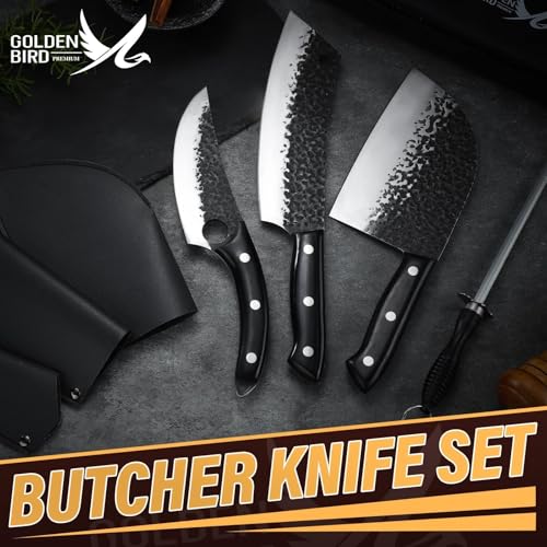 Golden Bird Butcher Knife Set - 4pcs Hand Forged Meat Cleaver Knife & Serbian Chef Knives & Sharp Viking Knives for Meat Cutting, Camping, BBQ, Christmas Gifts for Men Women - size: 13.4inches