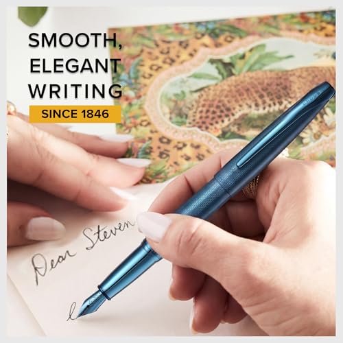 Cross ATX Sandblasted Dark Blue Stainless Steel Medium Nib Fountain Pen - Refillable Pen for Smooth Writing - Black Ink - Comfortable Grip - Long-Lasting - Professional Office Supplies - color: Sandblasted Dark Blue, style: Medium Nib