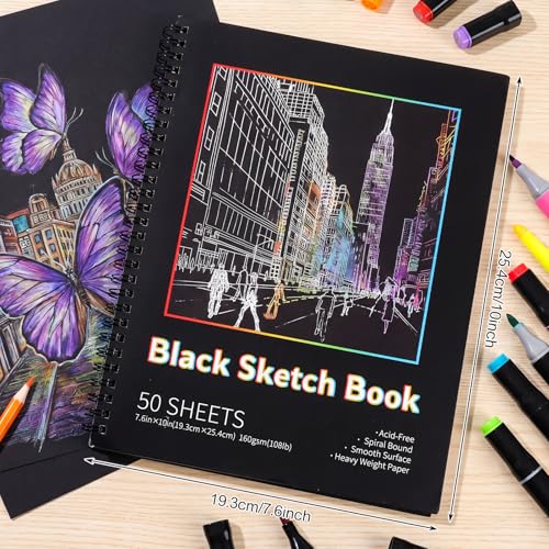 Prudiut Black Paper Sketchbook 2 Pack 7.6x10 Inch 50 Sheets 160gsm Acid-Free Drawing Pad - Spiral Bound Black Sketchbook Artist Mixed Media Charcoal Metal Markers Studio Design Notebook Supplies - size: 7.6×10 Inch (2 Pack )