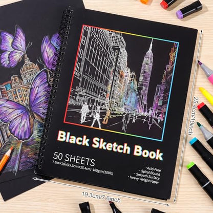 Prudiut Black Paper Sketchbook 2 Pack 7.6x10 Inch 50 Sheets 160gsm Acid-Free Drawing Pad - Spiral Bound Black Sketchbook Artist Mixed Media Charcoal Metal Markers Studio Design Notebook Supplies - size: 7.6×10 Inch (2 Pack )