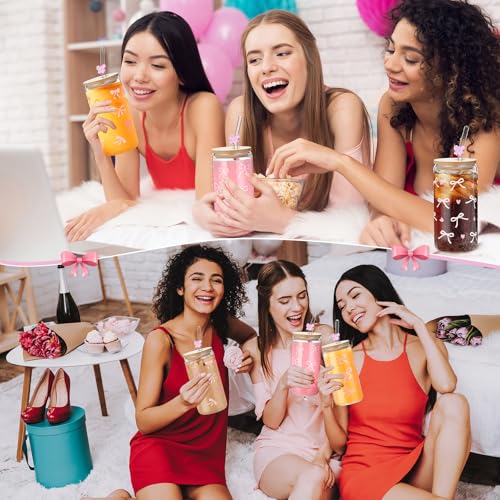 4 Set 16 oz Coquette Bows Glass Cups with Lids and Bows Straws Cleaning Brushes Aesthetic Iced Coffee Cup Reusable Mug for Women Sister Birthday Gift Not Dishwasher Safe(Pink,Bow) - color: Pink, size: Bow