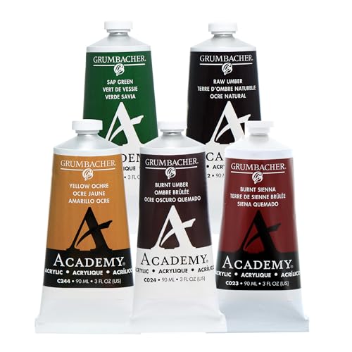 Grumbacher Academy Professional Acrylic Paint Set of 5 90ml Earth Tones Colors - Metal Tubes - Heavy Body Professional Grade Artist Paint with Genuine and Pure Pigments - ASTM Lightfast Colors
