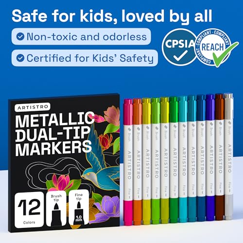 ARTISTRO 12 Metallic Acrylic Paint Markers - Paint Pens for Drawing - For Fabric, Rock, Glass, Wood, Molds - Arts & Crafts Gift for Adults, Teens, Kids, Classroom Must Haves & School Supplies