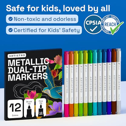 ARTISTRO 12 Metallic Acrylic Paint Markers - Paint Pens for Drawing - For Fabric, Rock, Glass, Wood, Molds - Arts & Crafts Gift for Adults, Teens, Kids, Classroom Must Haves & School Supplies