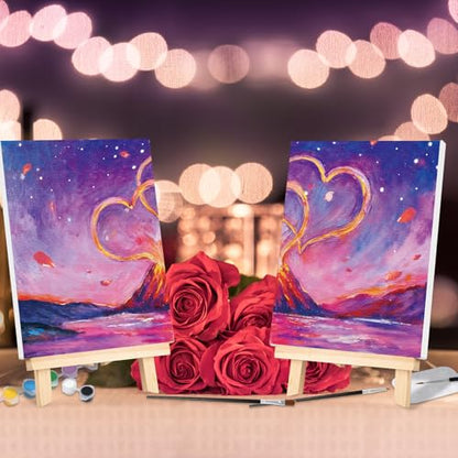 VOCHIC Sip and Paint Kit for Adults Couples Pre Drawn Canvas Painting Kit | 2 Pack Couples Date Night Paint Art Set with Outline Canvas Valentine (Volcano and Heart, 8 x 10 Inches) - style: Volcano and Heart