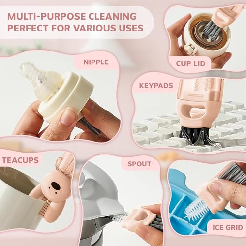Cup Lid Cleaning Brush, Multifunctional Set with 3 in 1 Lid Cleaner and Two 4 in 1 Cup Lid Cleaning Brushes, Cleaning Brush Tool for Bottles, Straws, Tumblers, Travel Mug Caps, Portable Kit (Pink) - color: Pink