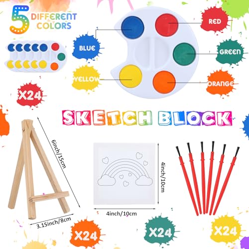 Skyygemm 24 Sets Valentines Day Gifts for Kids Valentines Cards Mini Painting Canvas Panel with Wooden Easel Watercolor Paints Brush Kit for School Classroom Exchange Gifts (Rainbow) - style: Rainbow