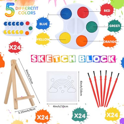 Skyygemm 24 Sets Valentines Day Gifts for Kids Valentines Cards Mini Painting Canvas Panel with Wooden Easel Watercolor Paints Brush Kit for School Classroom Exchange Gifts (Rainbow) - style: Rainbow