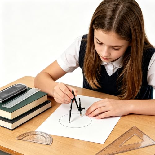 6 Pcs Plastic Geometry Math Set, 12 Inch Ruler, Compass, Sharpener, Pencil,Protractor & Square for Student School Office
