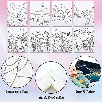 8 Pack Pre Drawn Canvas to Paint for Adults Kids, Sip and Paint Kit Party Supplies Painting Set for Artist, Beginner, Stretched Outline Canvas Landscape Party Favor(8x10) - size: 8x10, style: style 8