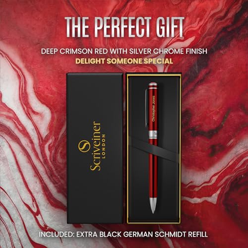 Scriveiner Personalized Deep Crimson Red Ballpoint Pen - Stunning Red Lacquer Luxury Pen with Chrome Finish, Schmidt Ink Refill, Engraved Ball Point Gift Set for Men & Women, Custom Engraving - color: 9. Crimson Red with Chrome (Personalized)