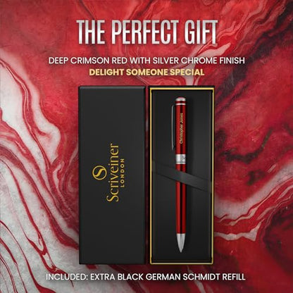 Scriveiner Personalized Deep Crimson Red Ballpoint Pen - Stunning Red Lacquer Luxury Pen with Chrome Finish, Schmidt Ink Refill, Engraved Ball Point Gift Set for Men & Women, Custom Engraving - color: 9. Crimson Red with Chrome (Personalized)