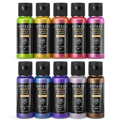 ARTEZA Iridescent Acrylic Paint Set, 10 Galaxy Tones, 60 ml / 2 fl oz Bottles, Shimmer Water-Based Paints for Canvas, Wood, Rocks, Fabric, Paper, and Mixed Media - style: 10 x 60ml (2 fl oz) Galaxy Tones