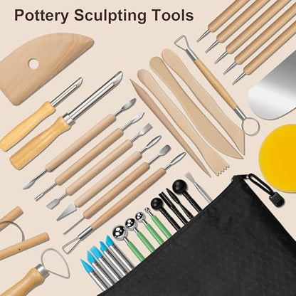 Amrules Pottery Tools, 38 PCS Polymer Clay Sculpting Tools Set, Ceramic Kit for Beginner, Adults, Pottery Craft, Carving, Drawing, Molding, Modeling, Shaping - color: Lightyellow-38Pcs