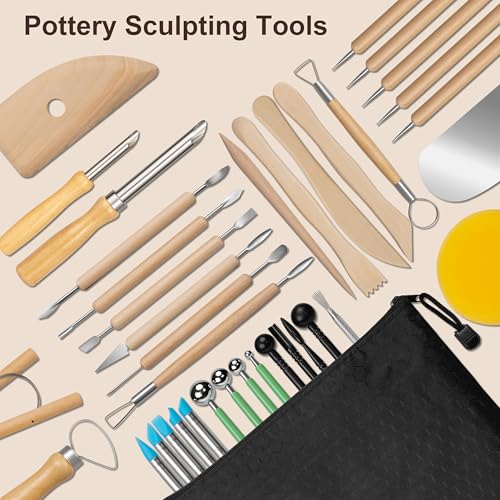 Amrules Pottery Tools, 38 PCS Polymer Clay Sculpting Tools Set, Ceramic Kit for Beginner, Adults, Pottery Craft, Carving, Drawing, Molding, Modeling, Shaping - color: Lightyellow-38Pcs