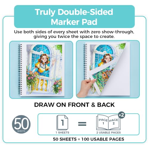 Ohuhu Double-Sided Marker Pad Sketchbook Bleedproof - 11"x14" Large Paper Size - 160 LB/280 GSM Heavyweight Smooth Drawing Paper - 50 Sheets/100 Pages - Spiral-Bound Sketch Book for Alcohol Markers - size: 11" x 14"