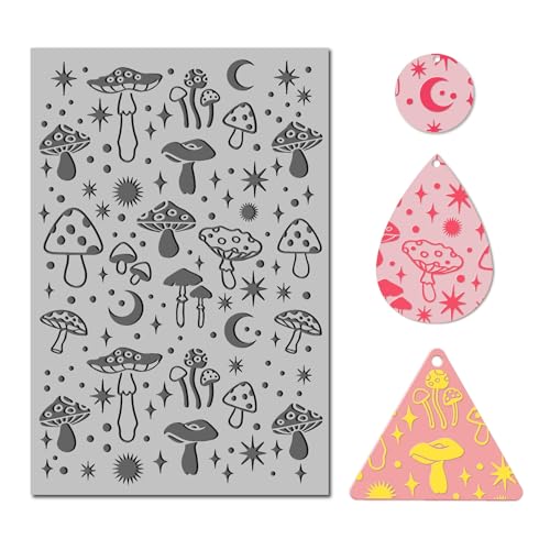 Arbuya Polymer Clay Mushroom Texture Sheets for Earrings Jewelry Making, Boho Style Clay Moon Texture Mats for Polymer Clay Projects Mushroom Stamps for Clay Earrings Tools